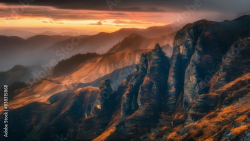 The mountains of Nurata at dawn, rugged terrain with ancient rock formations, misty valleys, warm golden light, bright orange and yellow tones.