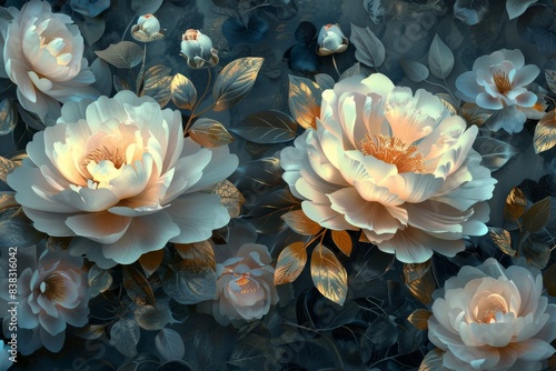 Wallpaper of a rococo blooms flowers dreamy intricate details pastel tone fairytale aesthetic rococo luxurious style background, generating AI.