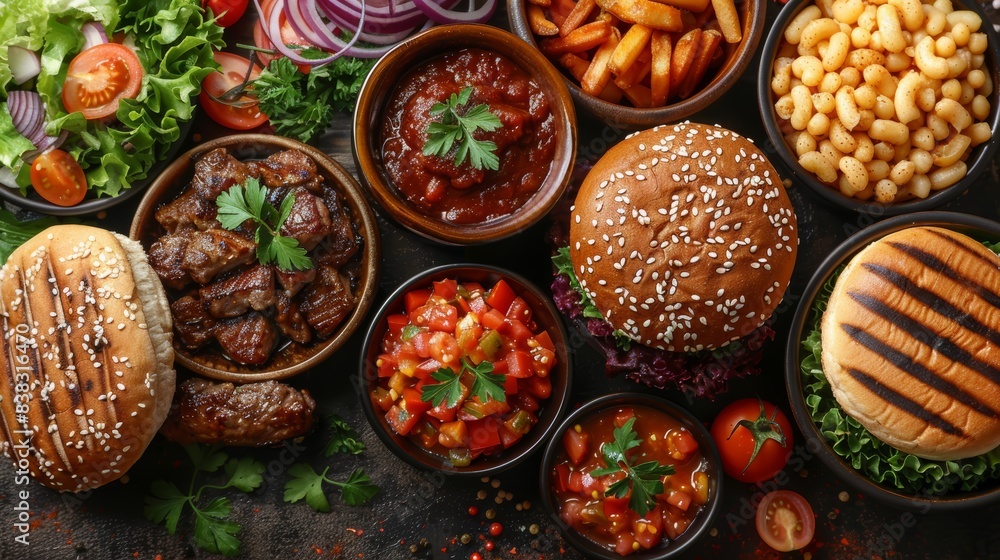 An array of delicious grilled foods including burgers, sausages, salads, beans, fries, and dips, perfect for a summer barbecue feast. An array of delicious grilled foods including burgers, sausages, salads, beans, fries, and dips, perfect for a summer barbecue feast.