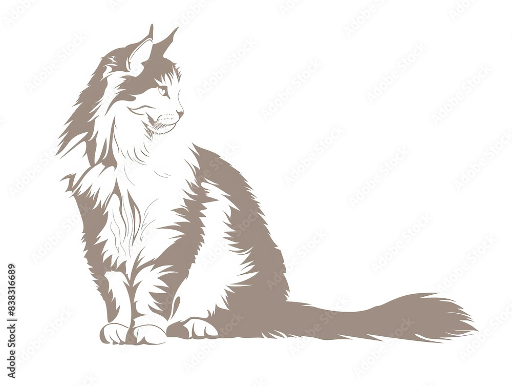 Simple, clear, artisanal stencil print style illustration of Norwegian Forest cat isolated on white background. Stencilled graphic design, modern, minimalist, trendy, product
