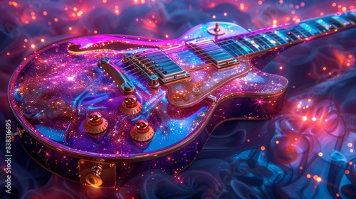 Fiery Electric Guitar in a Dreamy Setting. Ignite your imagination with this dynamic image of an electric guitar engulfed in fiery sparks, set against a dreamy blue backdrop.