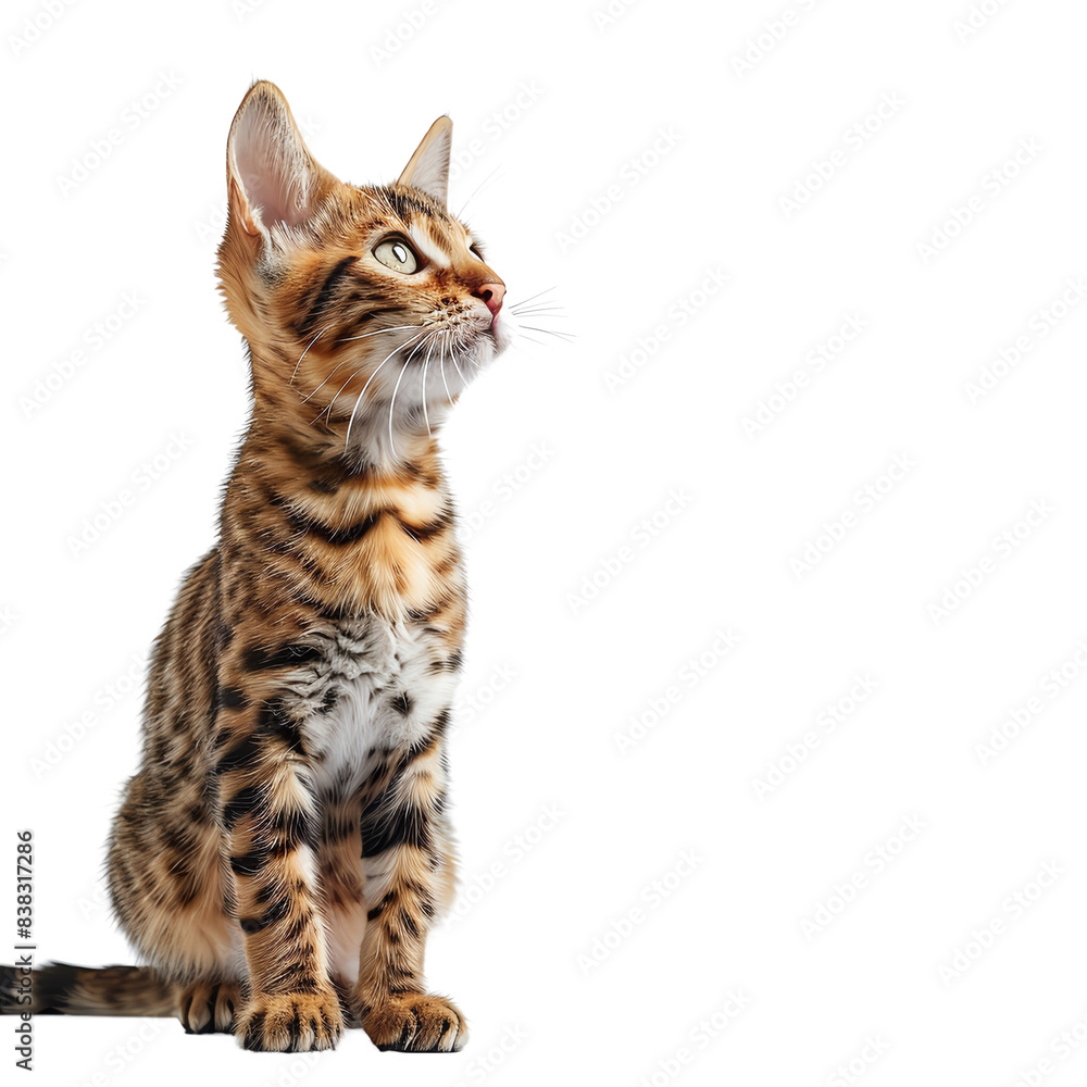 Fototapeta premium A curious Bengal kitten sits on a white background, gazing up and to the left.