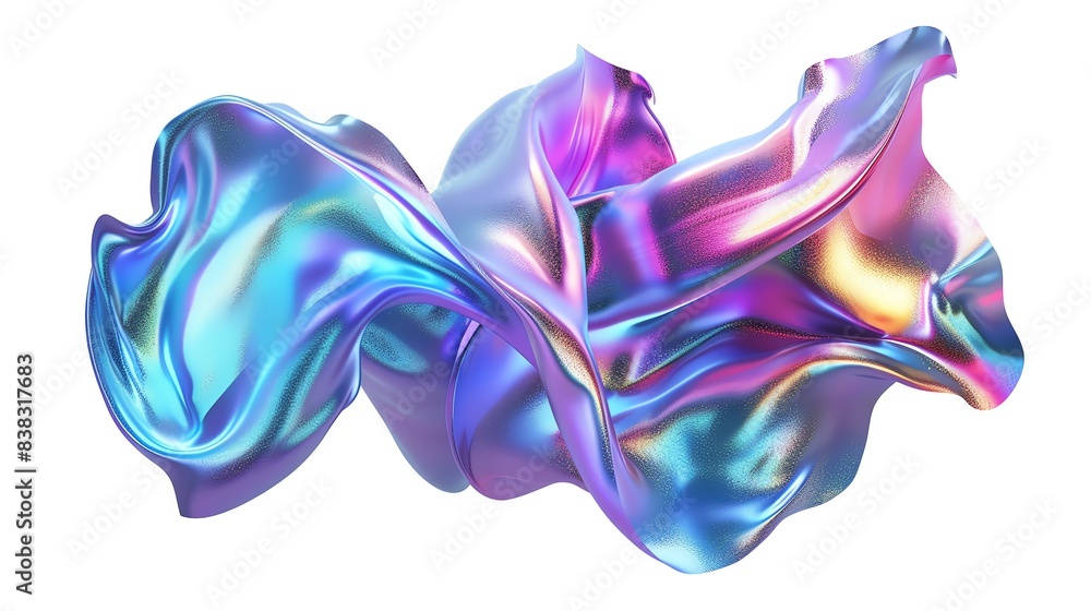 Abstract vibrant holographic wavy ribbon-like shape with iridescent colors on a white background, resembling liquid silk or flowing fabric. Abstract vibrant holographic wavy ribbon-like shape with iridescent colors on a white background, resembling liquid silk or flowing fabric.