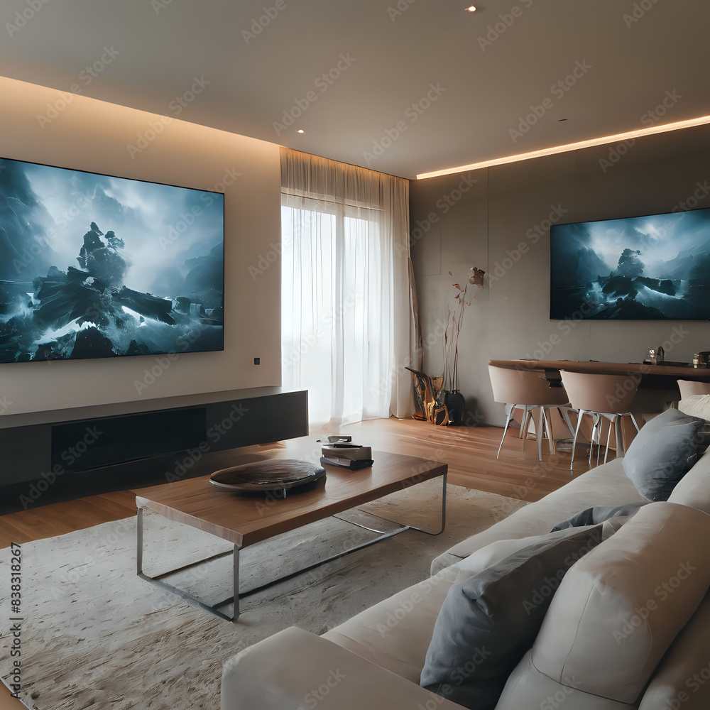 a large television in the living room with a table and chairs a large television in the living room with a table and chairs