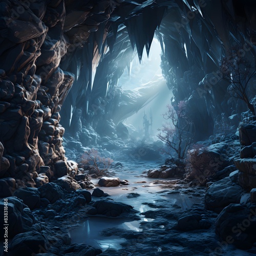 Mysterious dark cave. Fantasy forest. 3D Rendering © Iman