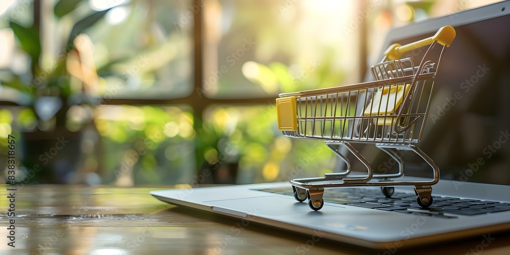 Morning sunlight shining on a laptop keyboard and shopping cart in an office. Concept Morning Light Photography, Office Setting, Technology, Online Shopping, Work Environment Morning sunlight shining on a laptop keyboard and shopping cart in an office. Concept Morning Light Photography, Office Setting, Technology, Online Shopping, Work Environment