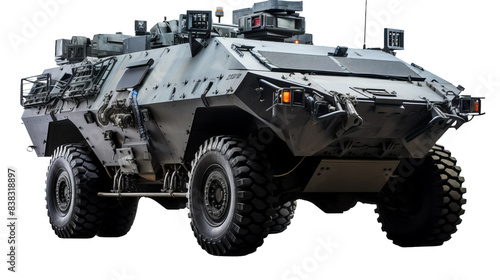 image of a Stryker armored fighting vehicle, isolated on a white background.