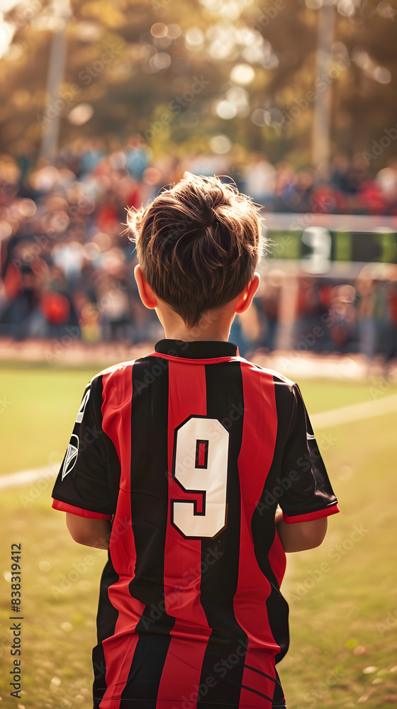 Fototapeta premium niño futbolista en el centro del campo , de espaldas, mirando a la grada gente