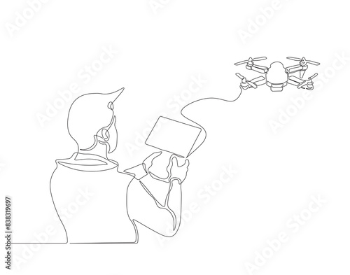 Continuous one line drawing of man with remote control and flying drone. One line drawing illustration of man flying drone aircraft. Controlling modern gadget flying concept. Editable outline.