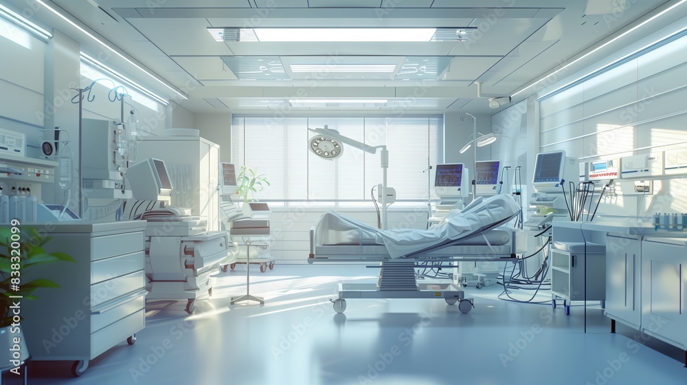 Modern hospital room with medical equipment, bed, bright lighting. Clean advanced healthcare facilities for patient centered care Modern hospital room with medical equipment, bed, bright lighting. Clean advanced healthcare facilities for patient centered care