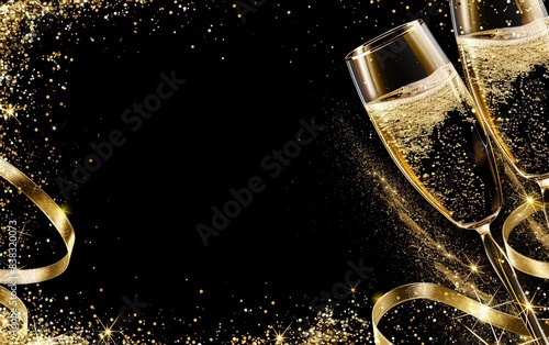 Elegant toast with champagne glasses clinking, sparkling confetti, and golden lights on a black background, offering ample whitespace for custom additions. Festive celebration and luxury concept.
