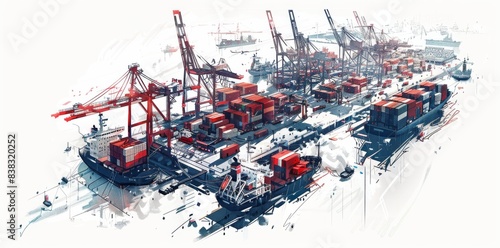 Design of future container harbor operations, generative AI, hand sketch.