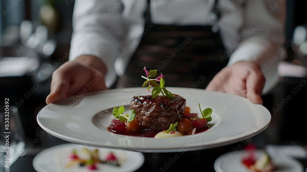 Expertly Presented Gourmet Dish in Luxurious Restaurant Setting