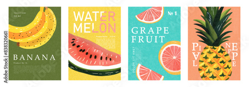 Set of labels, posters or price tags with watercolor fruits. Banana, watermelon, grapefruit and pineapple. Vector illustration for the design of packages, flyers and promotional materials.