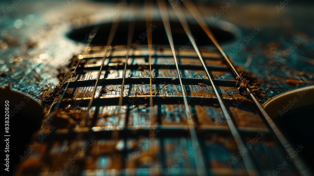 Macro close-up of guitar strings with water droplets, highlighted by ambient golden lighting. Macro close-up of guitar strings with water droplets, highlighted by ambient golden lighting.