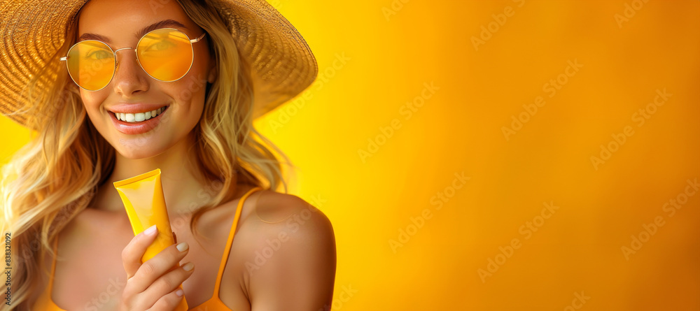 Smiling Woman In Hat And Sunglasses Holds Sunscreen Cream For UV Safety Awareness Month On Empty Background Smiling Woman In Hat And Sunglasses Holds Sunscreen Cream For UV Safety Awareness Month On Empty Background