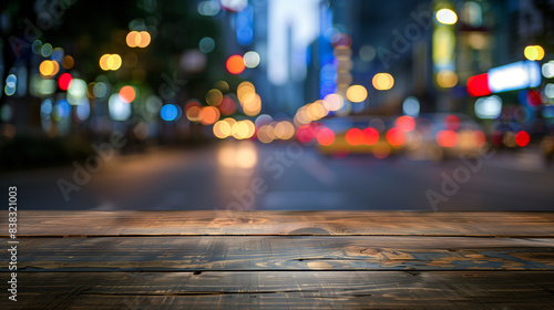 Wooden table with blurred city lights in the background. © connel_design