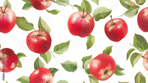 Seamless pattern of red apples and green leaves on a white background. Tileable, seamless.