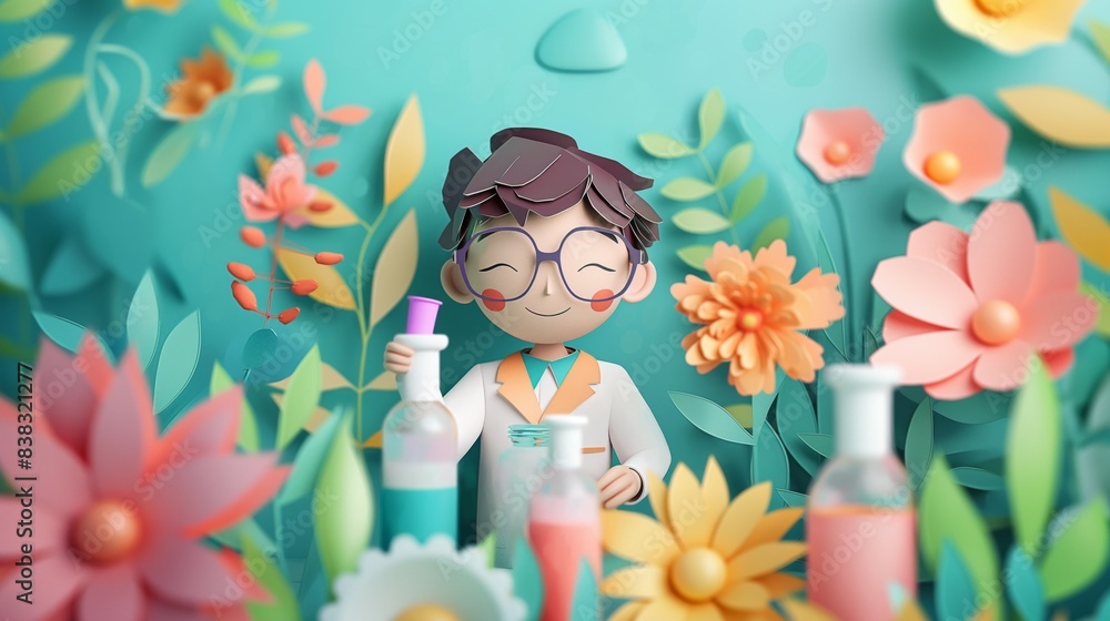 cute paper cut style illustration, a male scientist doing experiment using flasks and test tubes, flower garden, kid future dream career concept
cute paper cut style illustration, a male scientist doing experiment using flasks and test tubes, flower garden, kid future dream career concept