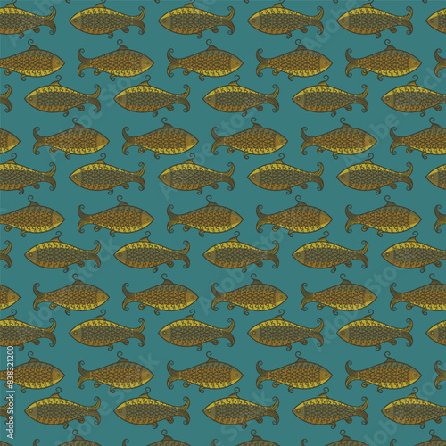 vector illustration of seamless golden fish pattern design with bluish green background. For textile industry.  