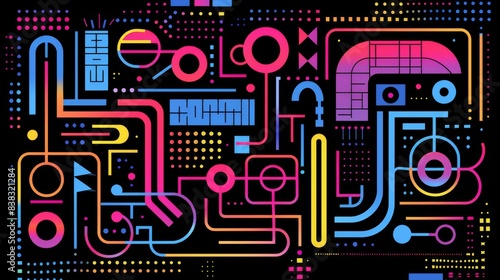 Neon Abstract Circuit Design Featuring Vibrant Geometric Patterns and Lines.