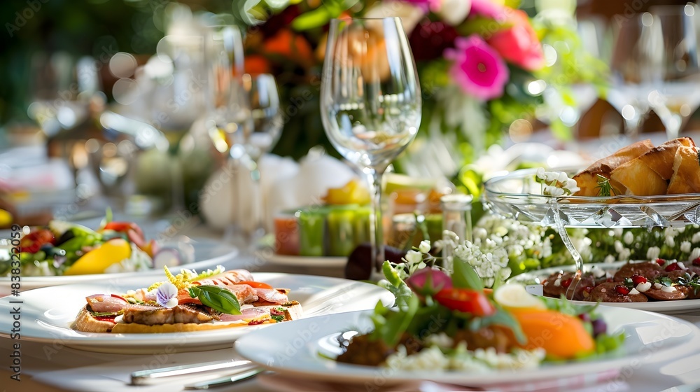 Elegant Gourmet Cuisine at Formal Wedding Reception with Floral Centerpieces Elegant Gourmet Cuisine at Formal Wedding Reception with Floral Centerpieces