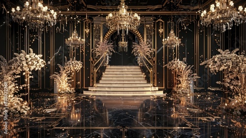 3D render of a wedding stage design, with a grand entrance featuring a staircase and gold accents, opulent floral arrangements, chandeliers hanging from ornate ceilings, luxurious black walls