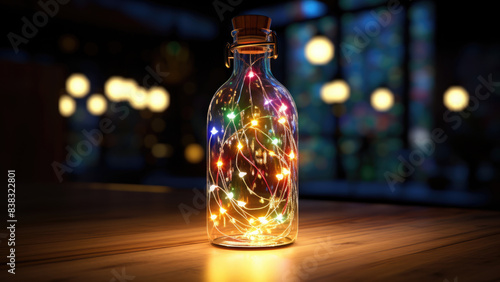 A bottle filled with fairy lights on a wooden table, creating a warm and magical ambiance.