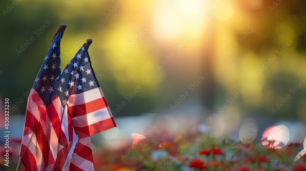 Εκτύπωση καμβά Gratitude for USA heroes on Memorial Day, patriotic flags, blurred background, p