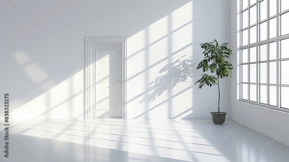 Fototapeta premium Impression of minimalism in an empty room with large windows, casting shadows, a door, and a potted plant