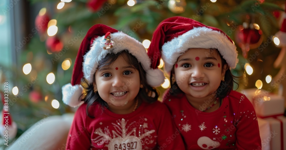 Children playing outside. Hispanic sisters having a good time. Christmas tree background. Children playing outside. Hispanic sisters having a good time. Christmas tree background.