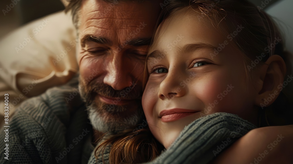 Photorealistic image of a father and daughter, 30s white dad with his child, smiling and happy, perfect for Father's Day Photorealistic image of a father and daughter, 30s white dad with his child, smiling and happy, perfect for Father's Day