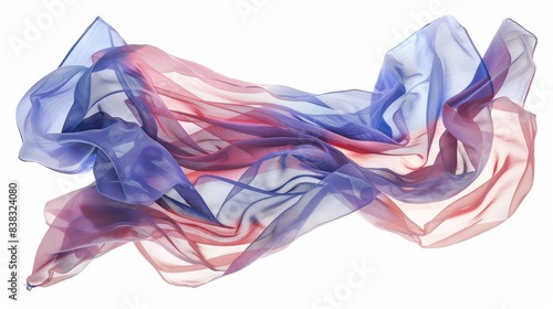 Red, white, and blue American flag, gracefully waving, symbolizing freedom and patriotism, isolated on white background, photorealistic, ethereal, double exposure, minimalistic photo