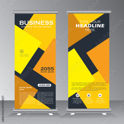 Yellow Roll up banner stand template, Vertical Banner design for advertisement,  pull up and x banner, flyer design vector for business