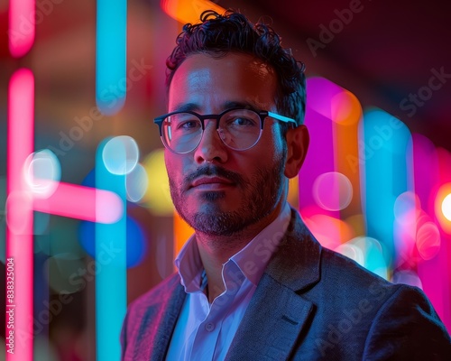 Confident man in suit and glasses posing in front of colorful neon lights background during nighttime.