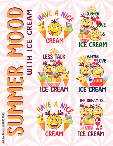 Poster with funny romantic colorful labels with ice cream sundae, crazy emoji love couple, text, hearts. Simple minimal style. For prints, clothing, t shirt design, wall art, adv