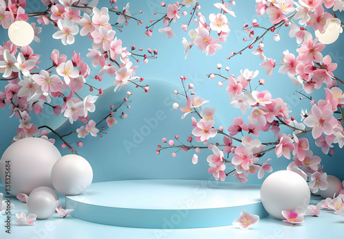 Background blue podium product platform 3D display stage stand luxury. blue background podium abstract studio leaf pedestal scene minimal plant design cosmetic light presentation wall modern tree.
