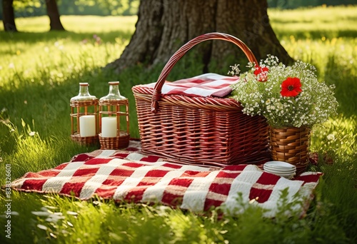 serene outdoor picnic setting checkered wicker blooming wildflowers grassy meadow, blanket, basket, nature, relaxation, calm, countryside, scenic, beautiful photo