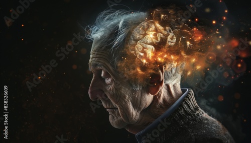 Elderly man with brain illuminated, showing signs of stroke, dementia, illness and confusion. brain dementia are checked for and analyzed in brain medicine and healthcare