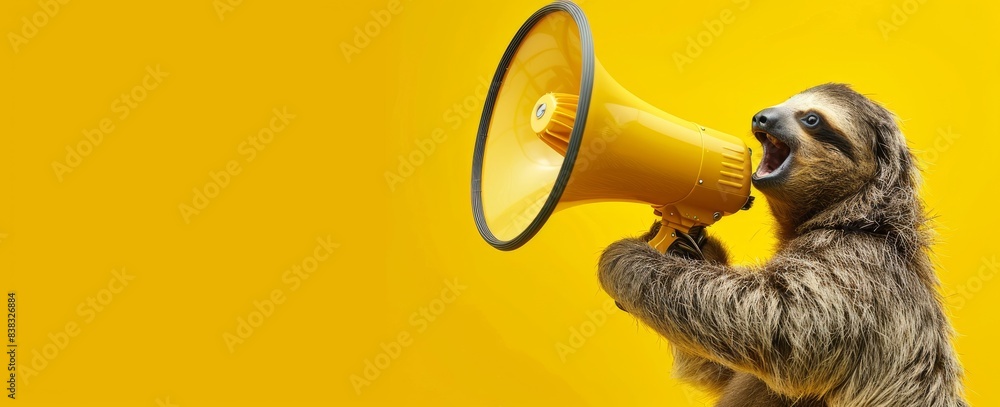 Fototapeta premium generative artificial intelligence animated sloth holding a yellow megaphone.