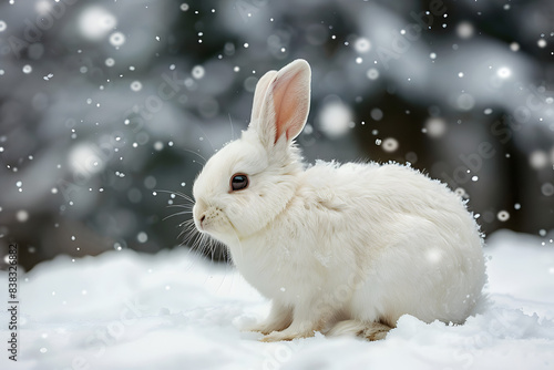 "Snowy Bunny Frolic: White Funny Fluffy Rabbit Enjoying the Snow" © Evan