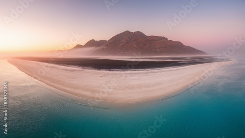 Kalancia beach on Socotra Island at dawn, endless expanses of white sand and crystal clear water, hazy atmosphere, soft pastel colors, serene mood.