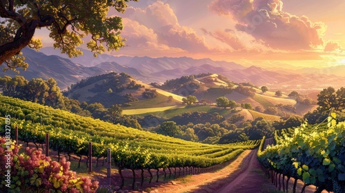 A nostalgic vineyard in Napa Valley with rolling hills and grapevines 