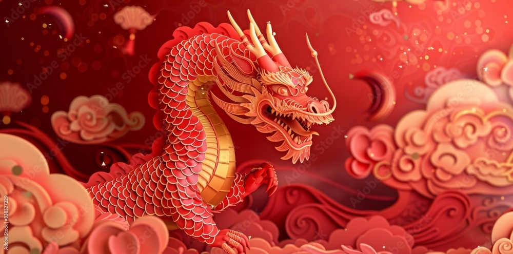 On a red background, a gold Chinese dragon statue is cut from paper. On a red background, a gold Chinese dragon statue is cut from paper.