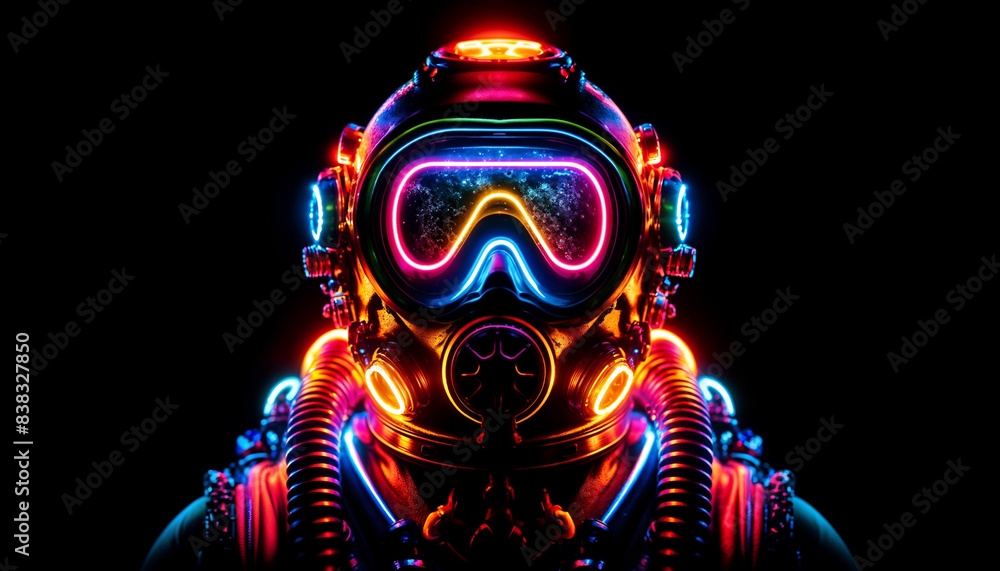 Neon Lit Diving Helmet in Dark Studio Setting Neon Lit Diving Helmet in Dark Studio Setting