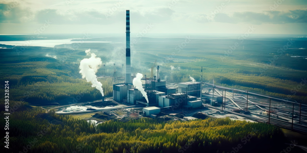Fototapeta premium Aerial View Waste Incinerator Plant With Smoking Smoke stack . Generative AI