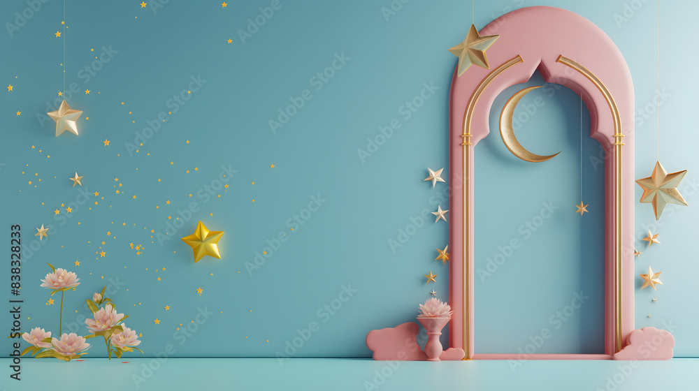 Elegant Islamic Mosque Design with Crescent Moon and Stars on Teal Background Elegant Islamic Mosque Design with Crescent Moon and Stars on Teal Background