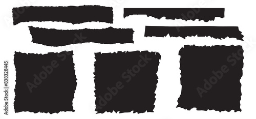 Jagged torn paper set. Black shape ripper and strip. Texture grunge element collection. Vector illustration