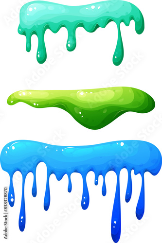 Colorful dripping slime in cartoon. Mucus splashes and liquid drop. Toxic splash, sticky slimy element. Vector illustration isolated on white background