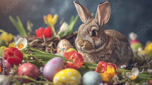 Spring Bunny with Easter Eggs and Flowers